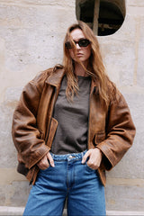 Brown Distressed Leather Aviator Jacket