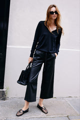 Black Leather Cropped Baggy Pants