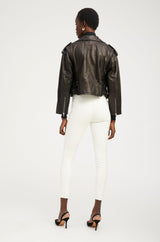 Black Leather Eyelet Lace-Up Moto Jacket