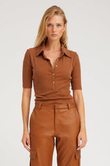 Chestnut Rib Mid Sleeve Polo Top