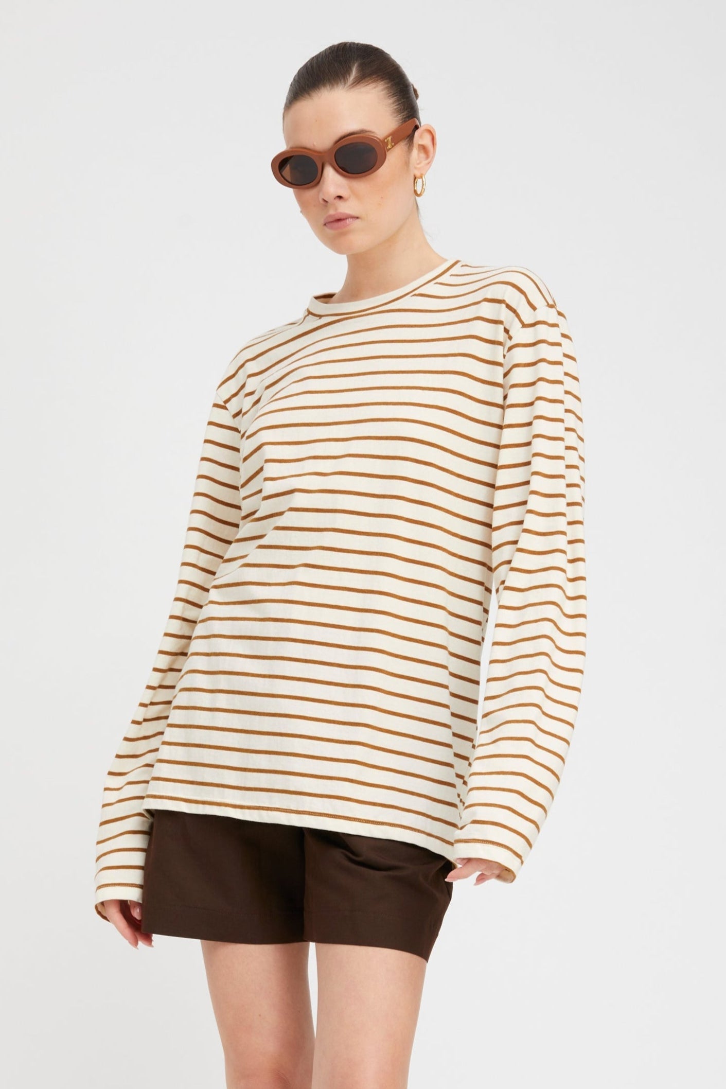 Camel Striped Long Sleeve Oversized Tee