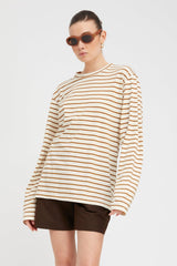 Camel Striped Long Sleeve Oversized Tee