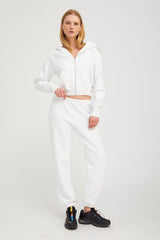 White Cotton Shrunken Zip Up Hoodie