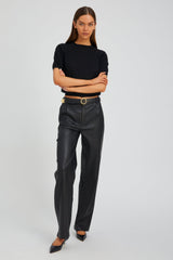 Black Leather Straight Leg Pleated Trousers
