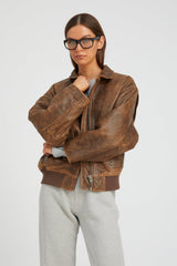 Brown Distressed Leather Aviator Jacket