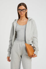 Heather Grey Cotton Shrunken Zip Up Hoodie