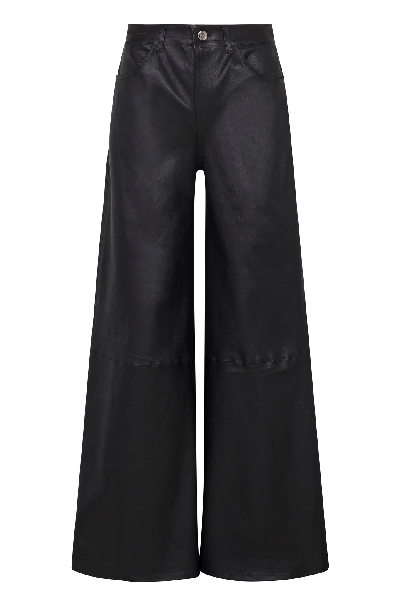 Black Leather 5 Pocket Wide Leg