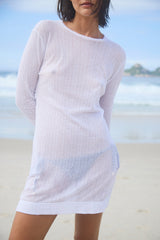 White Pointelle Long Sleeve Mini Dress