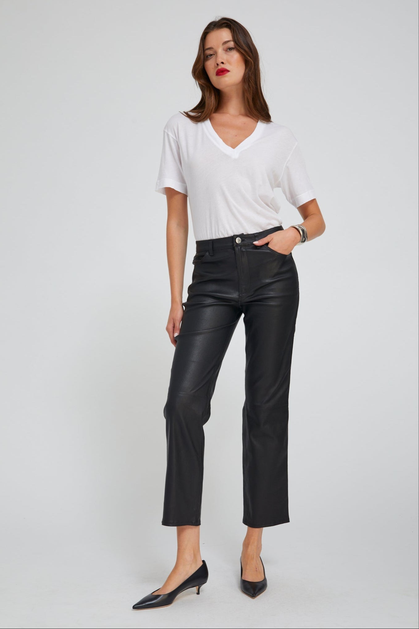 Black Leather 5 Pocket Ankle Slim Straight