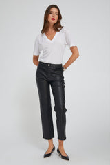 Black Leather 5 Pocket Ankle Slim Straight