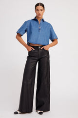Black Leather 5 Pocket Wide Leg