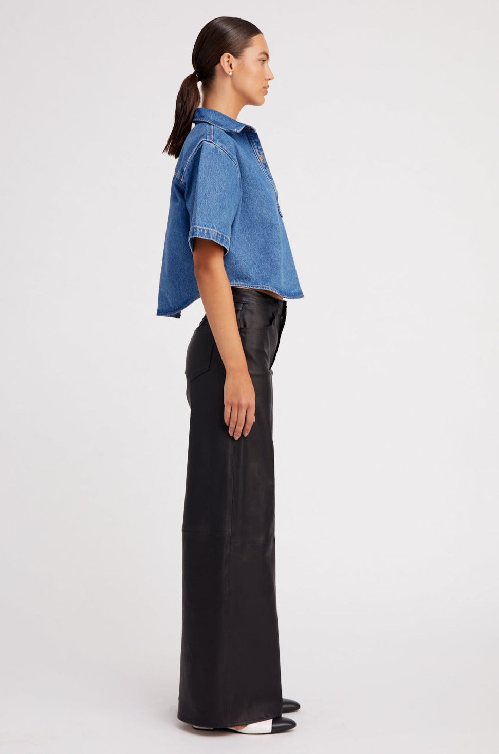 Black Leather 5 Pocket Wide Leg