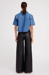 Black Leather 5 Pocket Wide Leg